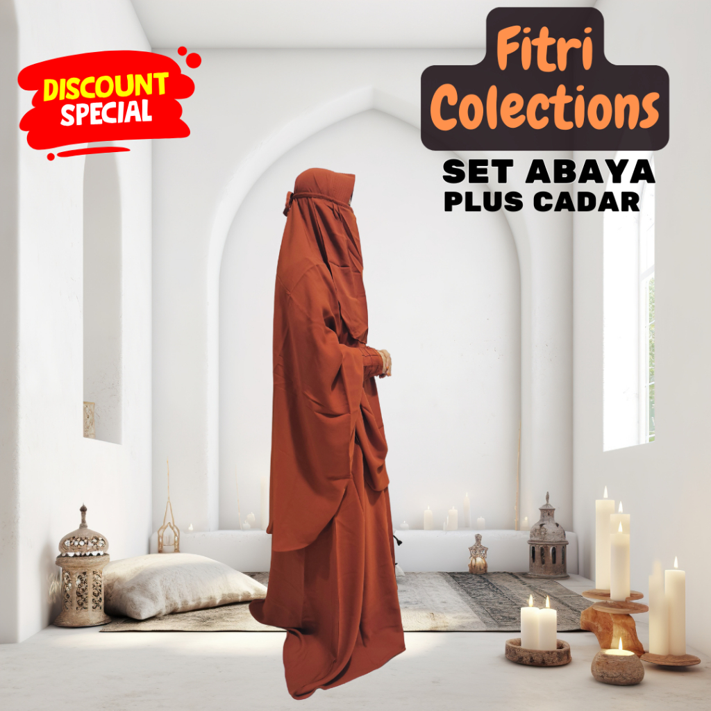 Abaya 1 Set Fitri Colections | Set Abaya Plus Cadar | Abaya Bahan Vivian Import by Fitri Colections