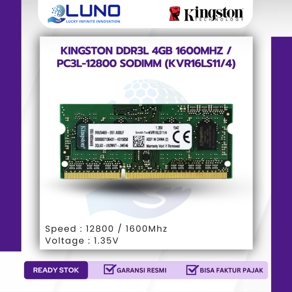 KINGSTON DDR3L 4GB 1600MHZ / PC3L-12800 SODIMM (KVR16LS11/4)