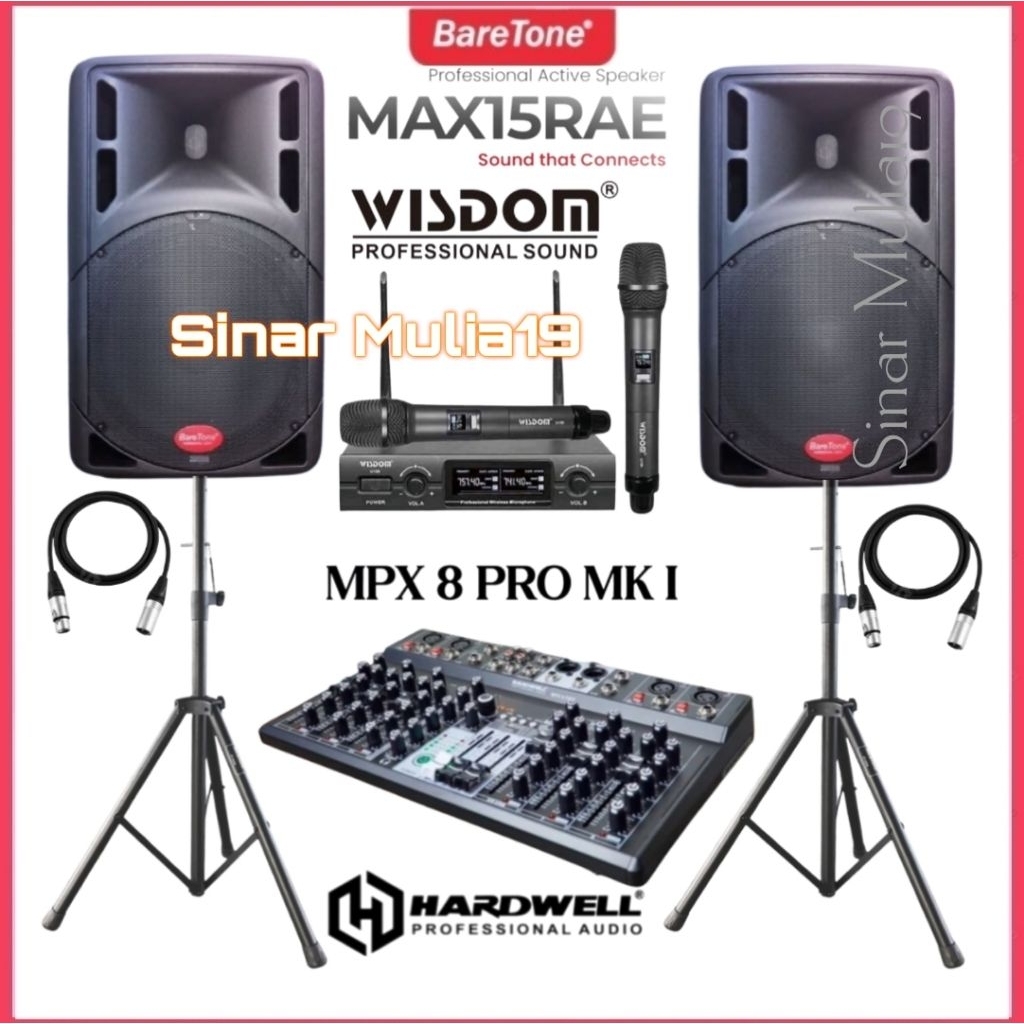 Paket Sound System Speaker Active BareTone MAX15RAE Mixer 8 Channel Hardwell MPX 8 Pro Mic Wireless 