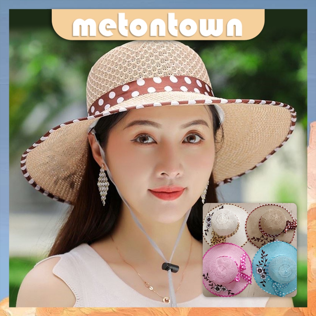 Mtt Topi Pantai Wanita Lebar Aksen Pita Motif Polkadot Topi Cewek Stylish Pelindung Matahari