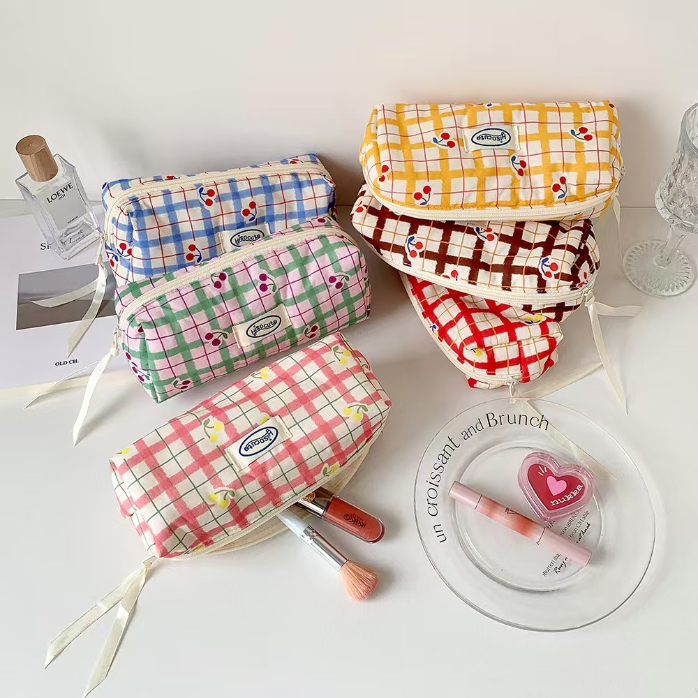 

Small cherry pencil case, portable large capacity stationery storage bag, fabric desktop organizing storage bag