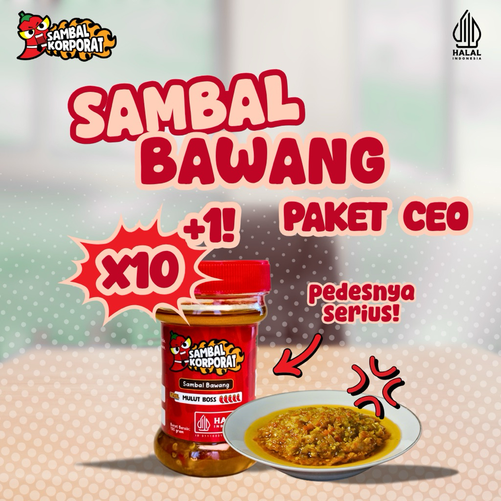 

Paket CEO - Beli 10 Gratis 1 - Sambal Korporat Sambal Bawang Level Mulut Boss [130 Gram x 11 Botol] Halal SPP-IRT