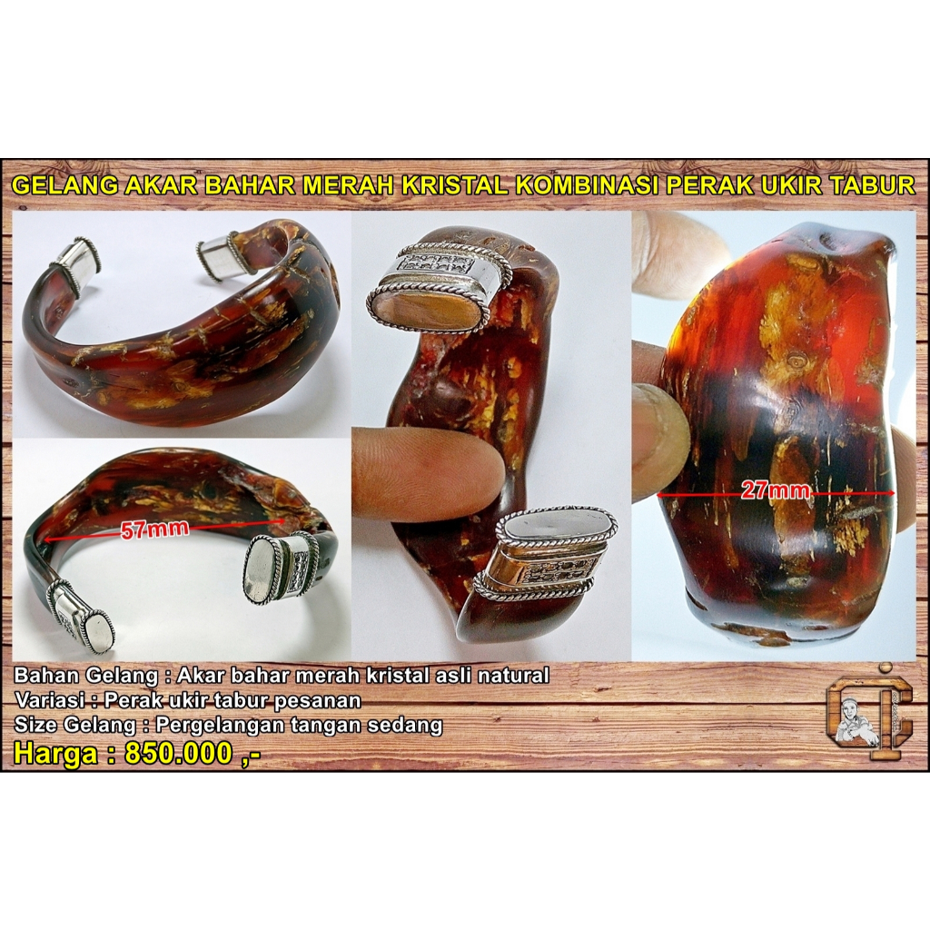 Gelang akar bahar merah kristal kombinasi perak ukir tabur asli alami.