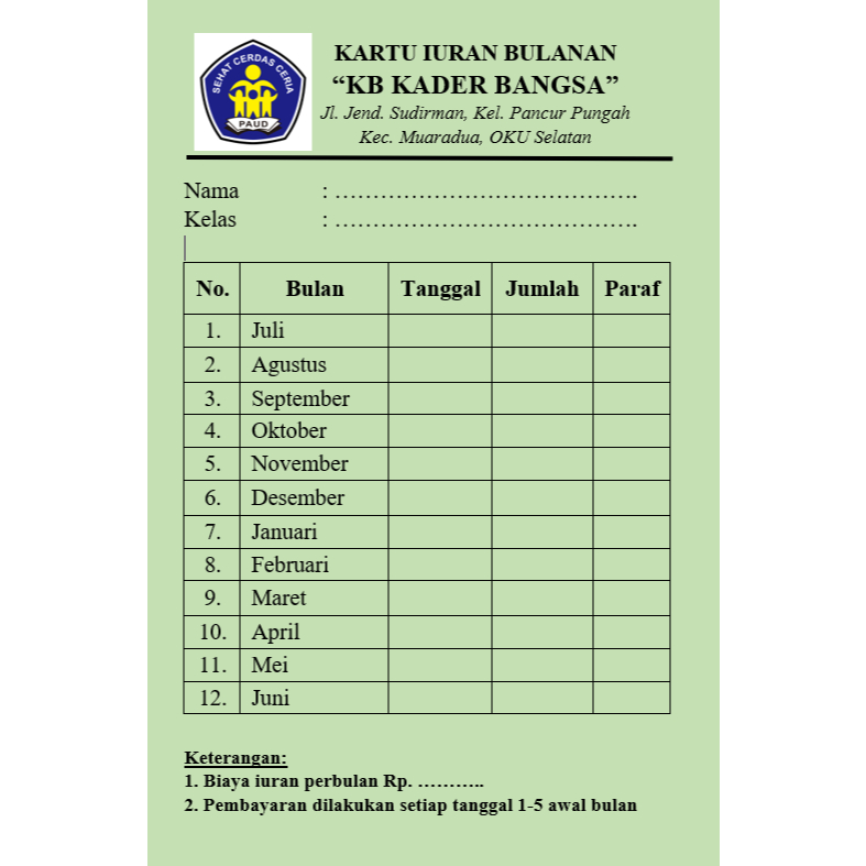 Kartu Infaq & Iuran Bulanan Custom | Kas RT RW SPP Sampah Air Listrik – Percetakan99