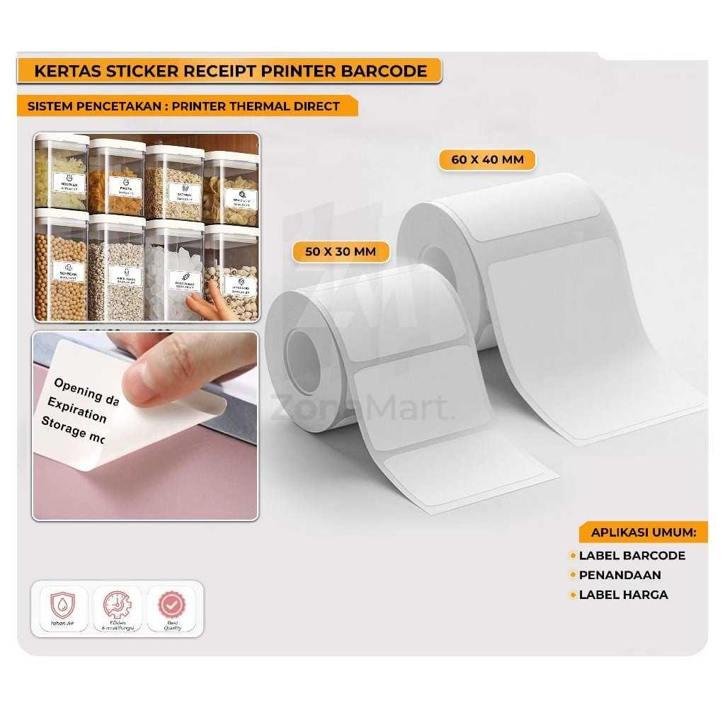 

Stiker Label Thermal barcode Printer 60 X40 mm & 50 x 30 (1 LINE) Kertas Sticker Resi isi 500pcs