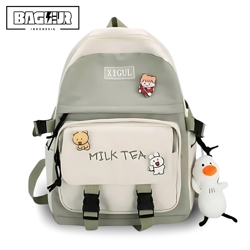 Baggeur Tas Ransel Sekolah Anak Motif Milk Tea Hijau Army Tas Punggung Perempuan Polos Bahan Canvas 