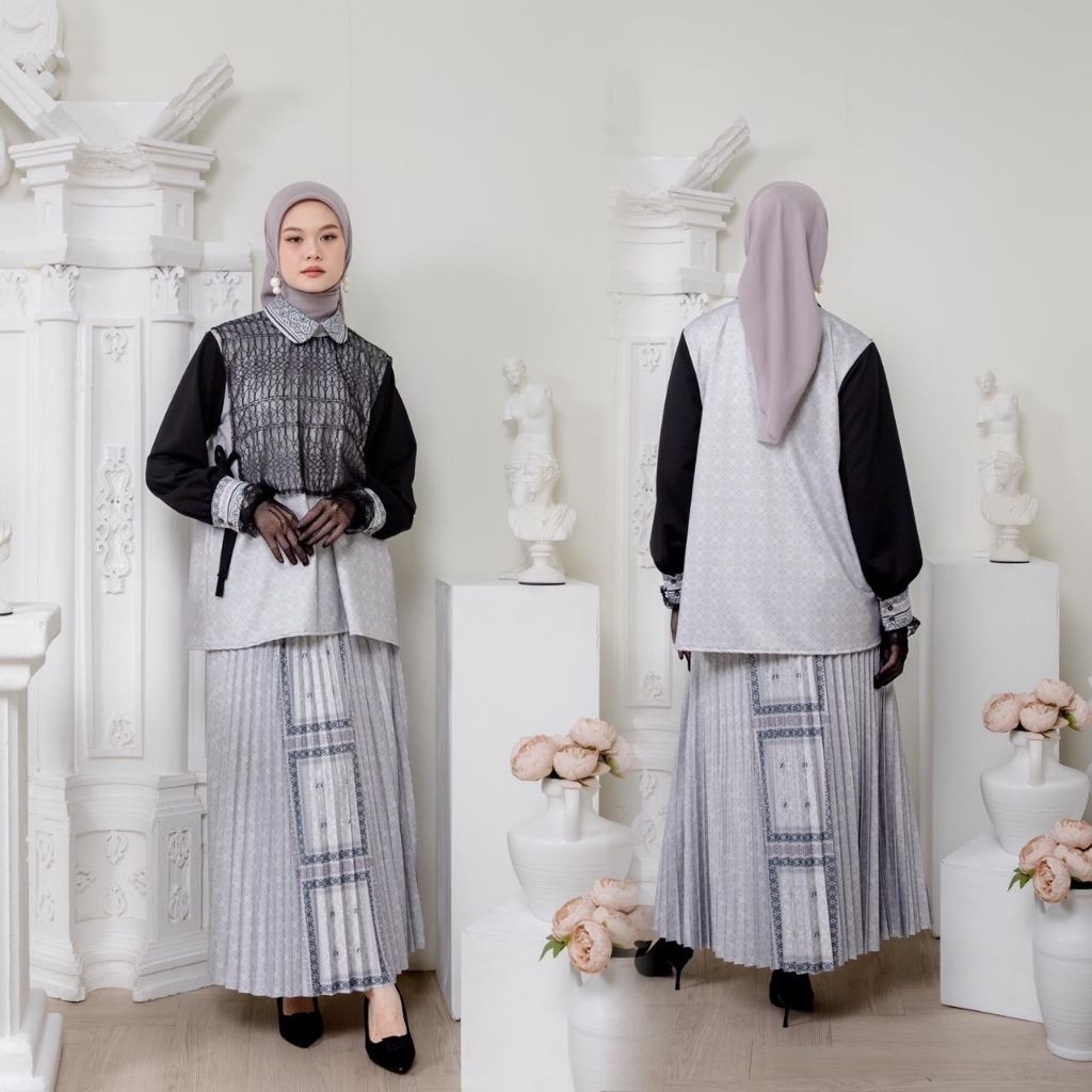 One Set Setelan Rok Panjang Plisket Wanita Motif Monochrome