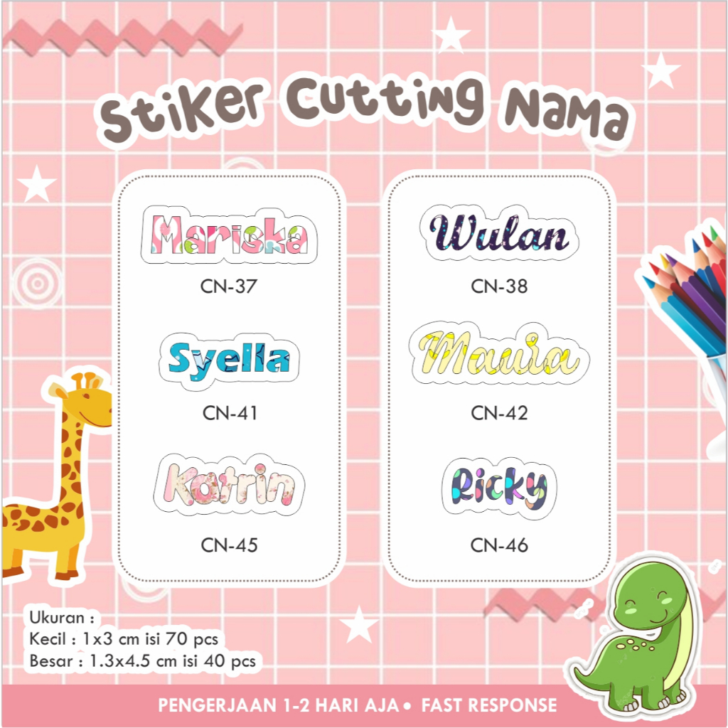 

[70 pcs] Stiker Cutting Nama VINYL cocok ditempel di buku, pensil, botol minum