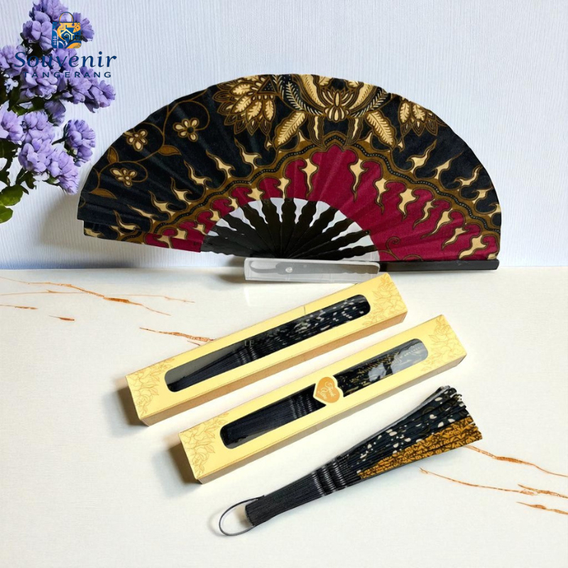 Souvenir Kipas Batik Gagang Hitam Free Kemasan Box Jasmine