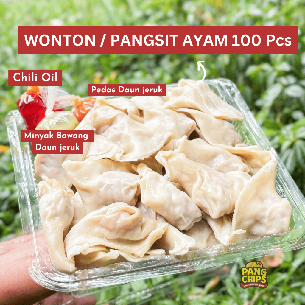 

100 pcs Wonton Pangsit Ayam Free chili Oil + Bumbu Pedas Daun jeruk Kuah Goreng by Kedai ngemil Mas Pangsit