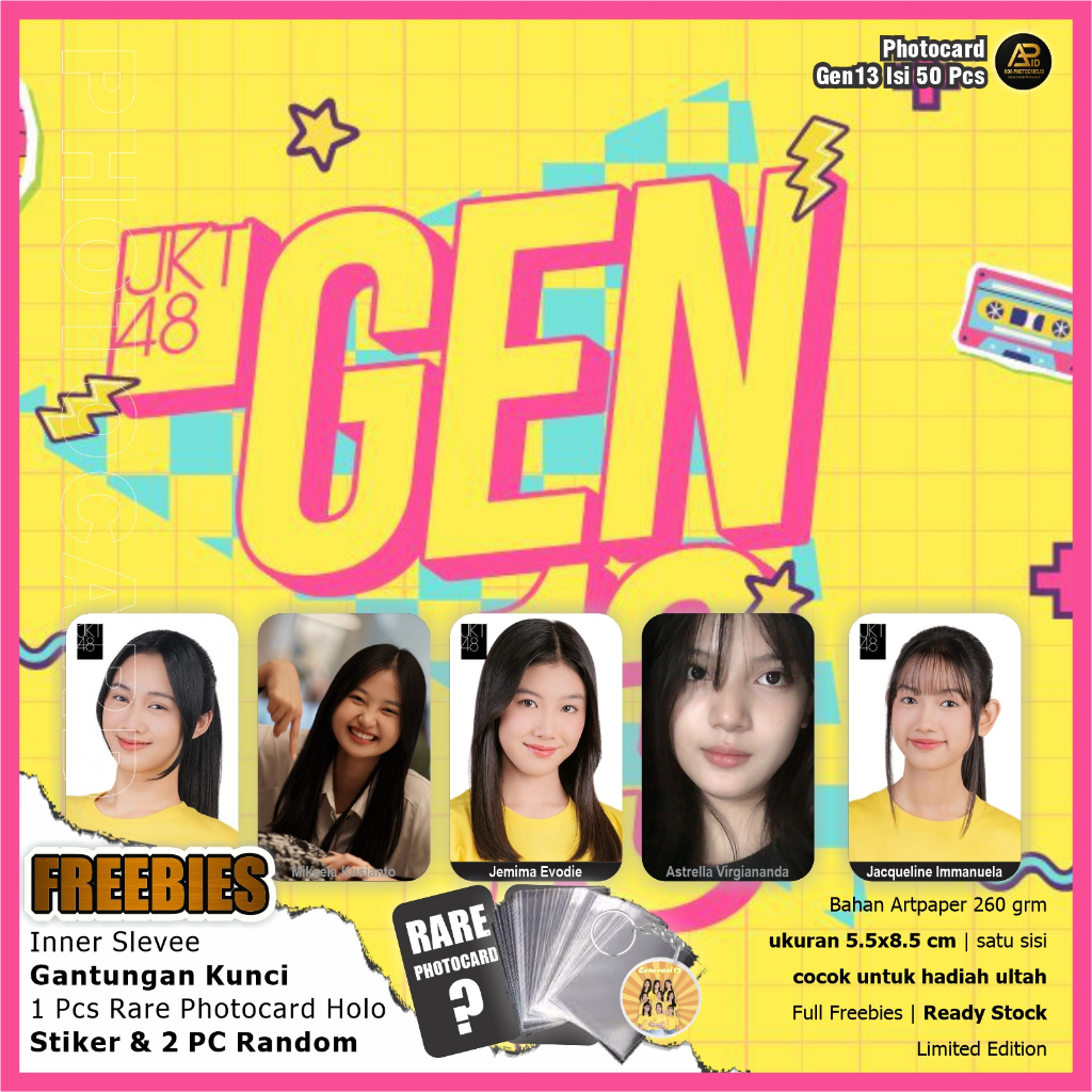 Photocard JKT48 Edisi Gen13 JKT48 isi 50 Pcs Fanmade | Bonus Ganci, Rare Card, 2 PC random, Stiker d