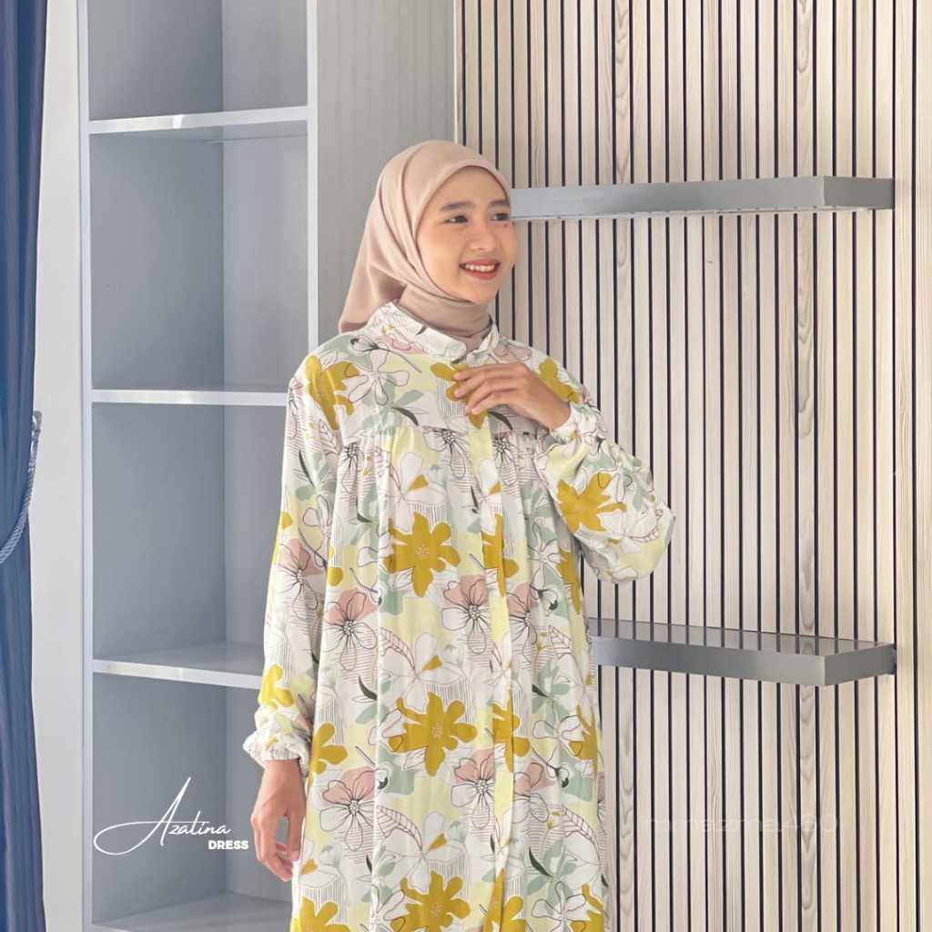 Azalina Dres Gamis Motif Bunga Abstrak Salur Daily Dres Gamis Wanita Muslim Rayon Viscose Premium