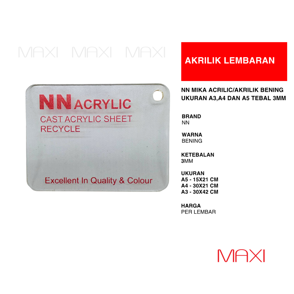 

NN Akrilik Acrylic Mika Casting Potongan 3 mm - A5/A4/A3 Warna Bening/Putih Susu