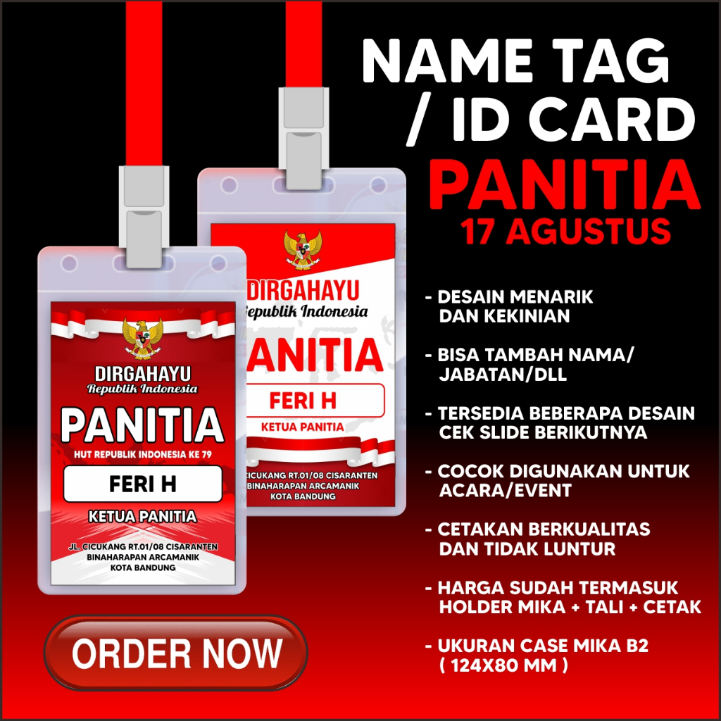 

ID CARD HUT RI/ NAME TAG /ID CARD PANITIA 17 AGUSTUS / ID CARD AGUSTUSAN / ID CARD PANITIA ( BISA PAKAI DESAIN SENDIRI)