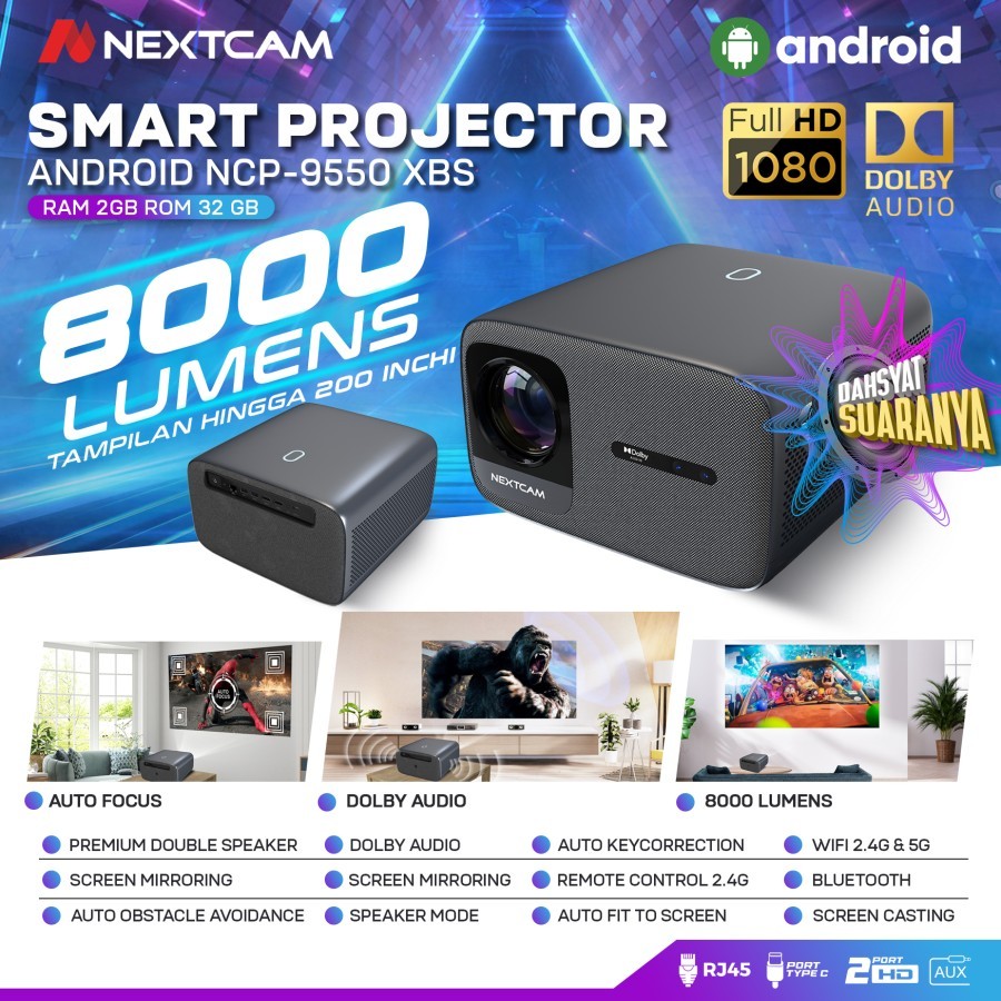 Proyektor Nextcam Smart Android Dolby Audio 8000lumen Miracast 9550XBS