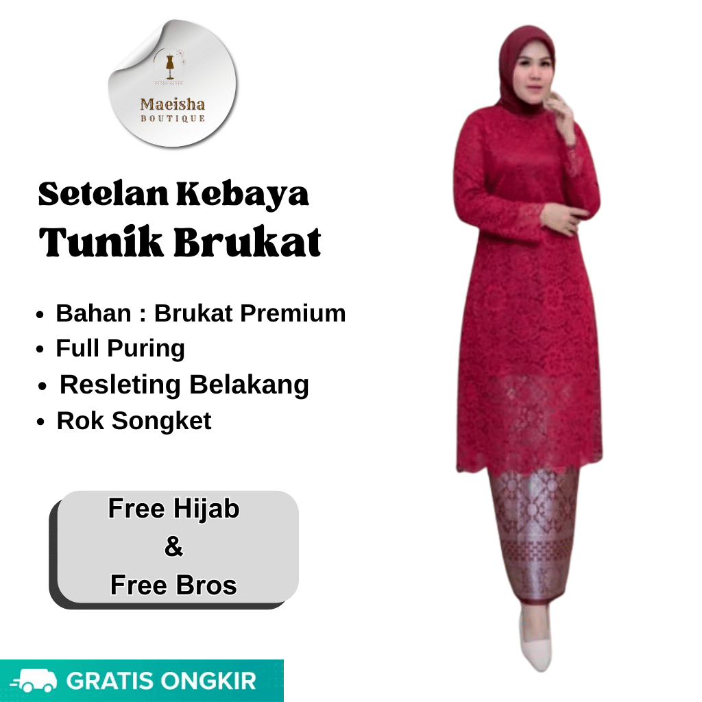 Set Kebaya Tunik Brukat Rok Songket Free Hijab & Bros / Kebaya Brokat Modern / Kebaya Pesta / Kebaya