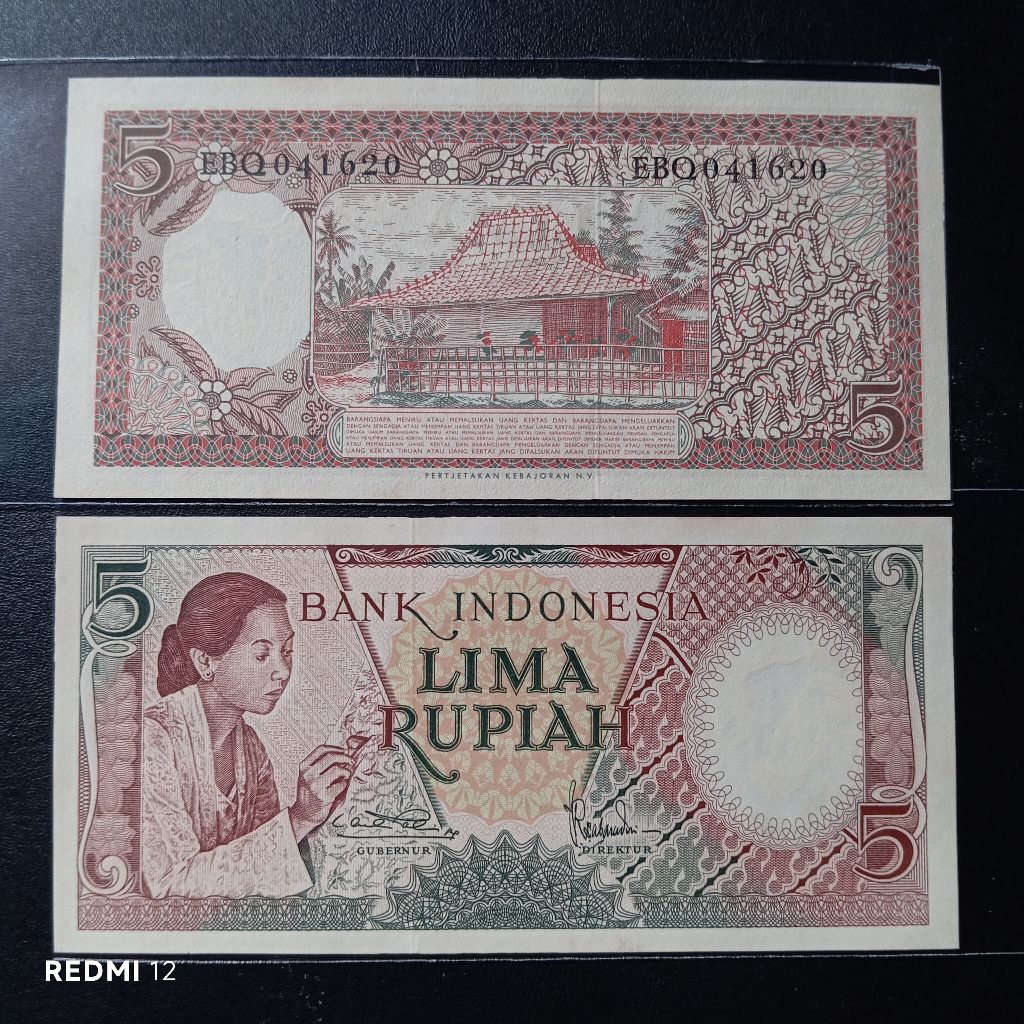 uang kertas 5 rupiah pekerja 1958 gres baru asli