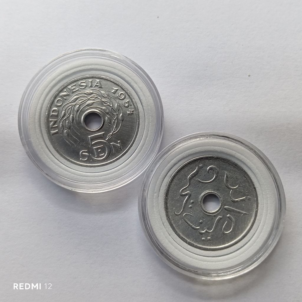 uang koin 5 sen bolong alumunium era tahun 50'an bekas asli bonus kapsul pelindung