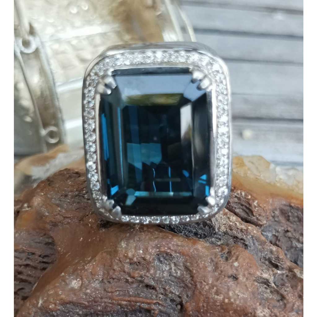 SPESIAL ITEM Natural London Blue Topaz Octagon Ring Perak 925 HM Ukir Naga