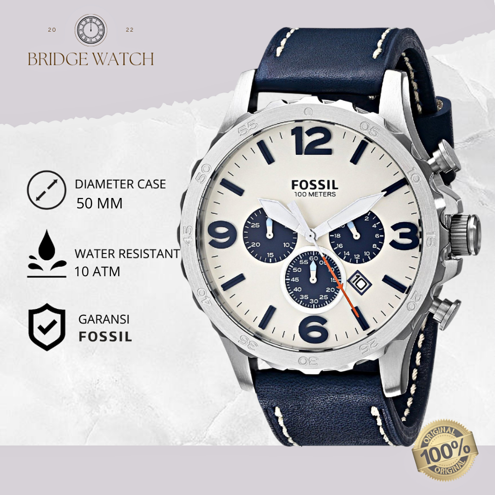 Jam Tangan Fossil Pria Nate Analog Leather Strap Cowok Chronograph Navy Strap Kulit Water Resistant 
