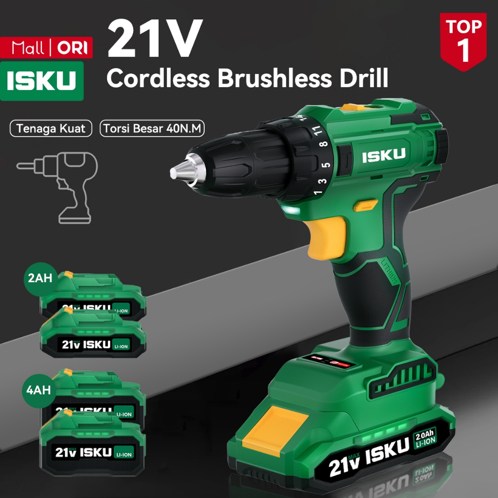 ISKU Mesin Bor Listrik Mulitifungsi 21V Baterai Cordless Bor Set Bor Batera Brushless Listrik Alat l