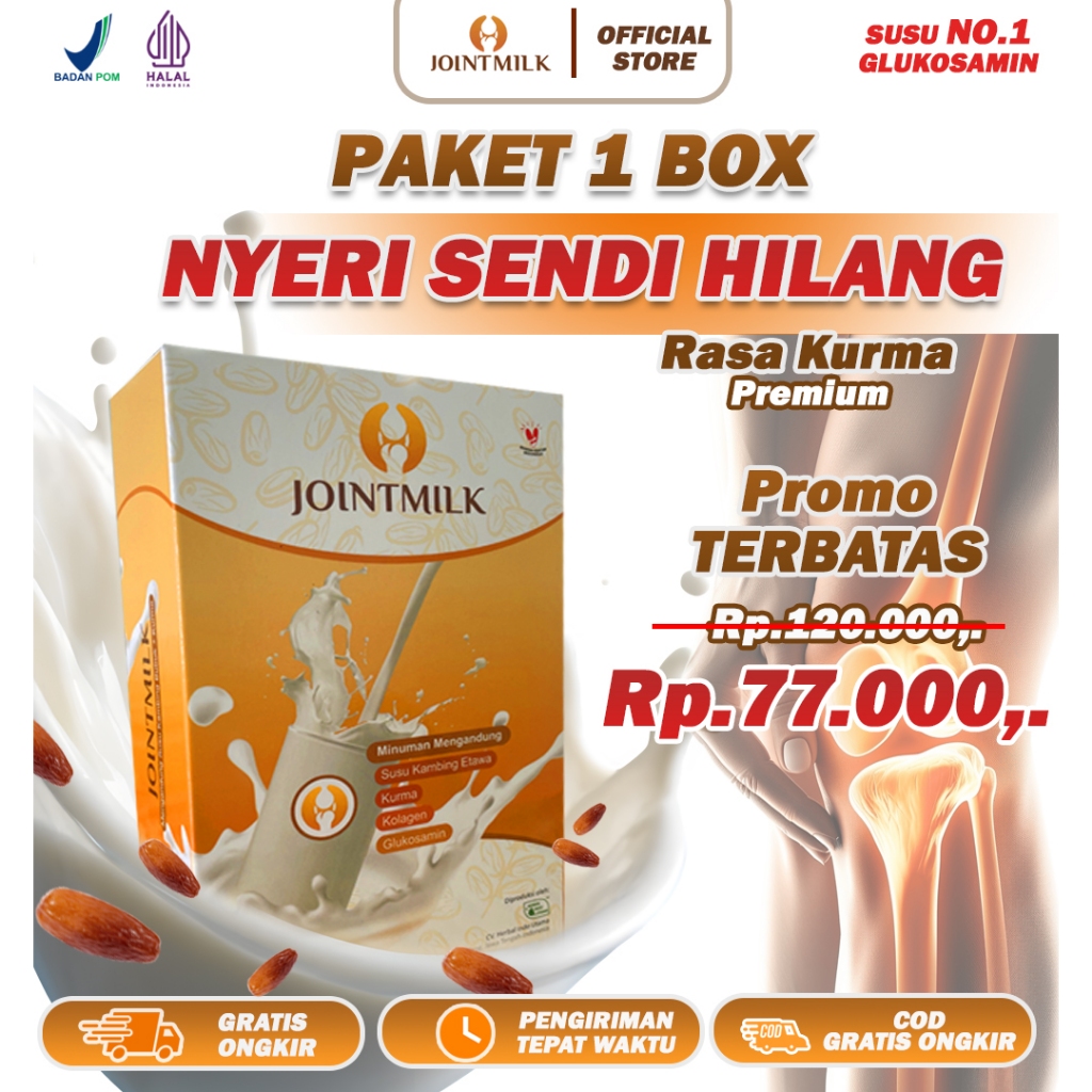 

Jointmilk Paket 1 Box Susu etawa - Rasa Kurma premium Mengatasi nyeri sendi No 1 glukosamin&kolagen