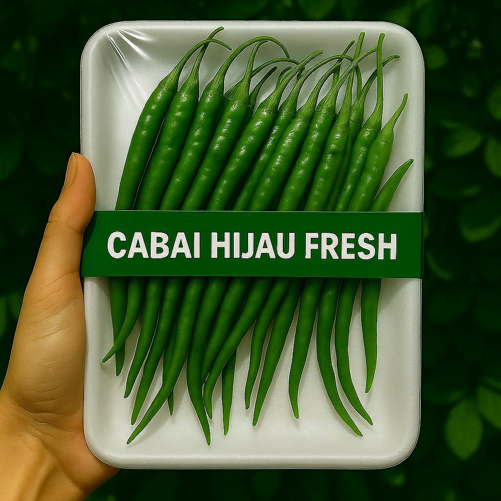 

Cabe Hijau Keriting Fresh | Packing Styrofoam Plastik | Cabai Hijau Pilihan Higienis | Cabai Hijau Segar Kualitas Premium | Kemasan Tray Styrofoam & Plastik Wrap