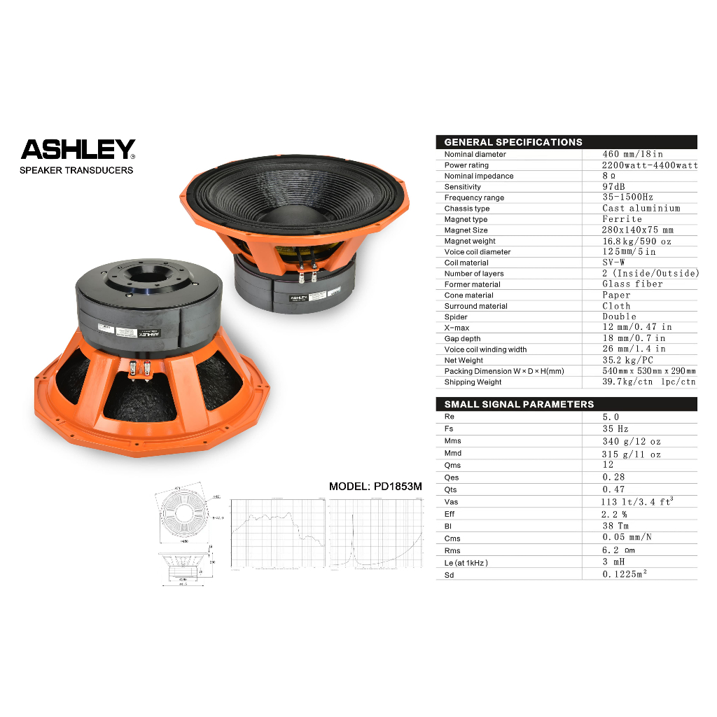 Speaker Ashley 18 inc PD1853M / PD-1853M / PD 18 53M ( 3 Magnet Coil 5 inc )