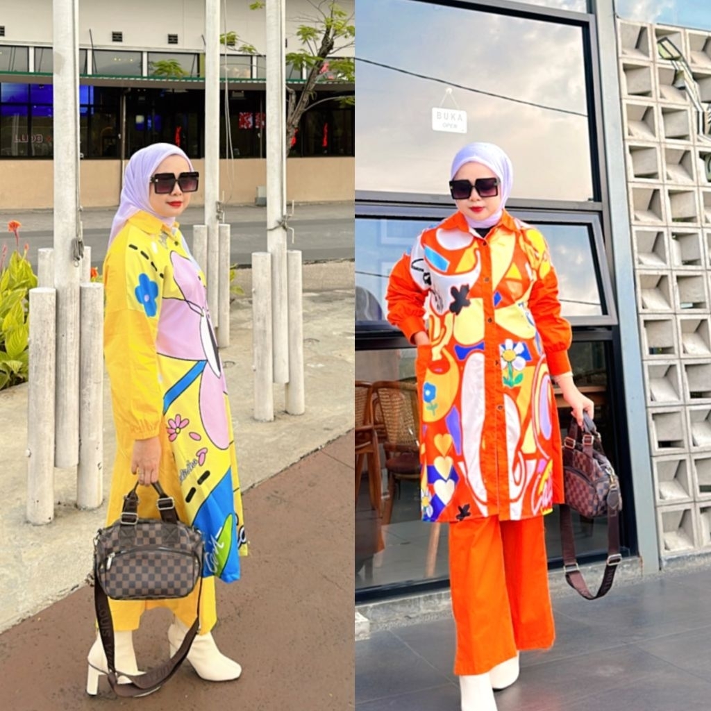 Setelan Tunik Celana Camelia/Setelan tunik Celana orenjie printing jumbo by Calistha