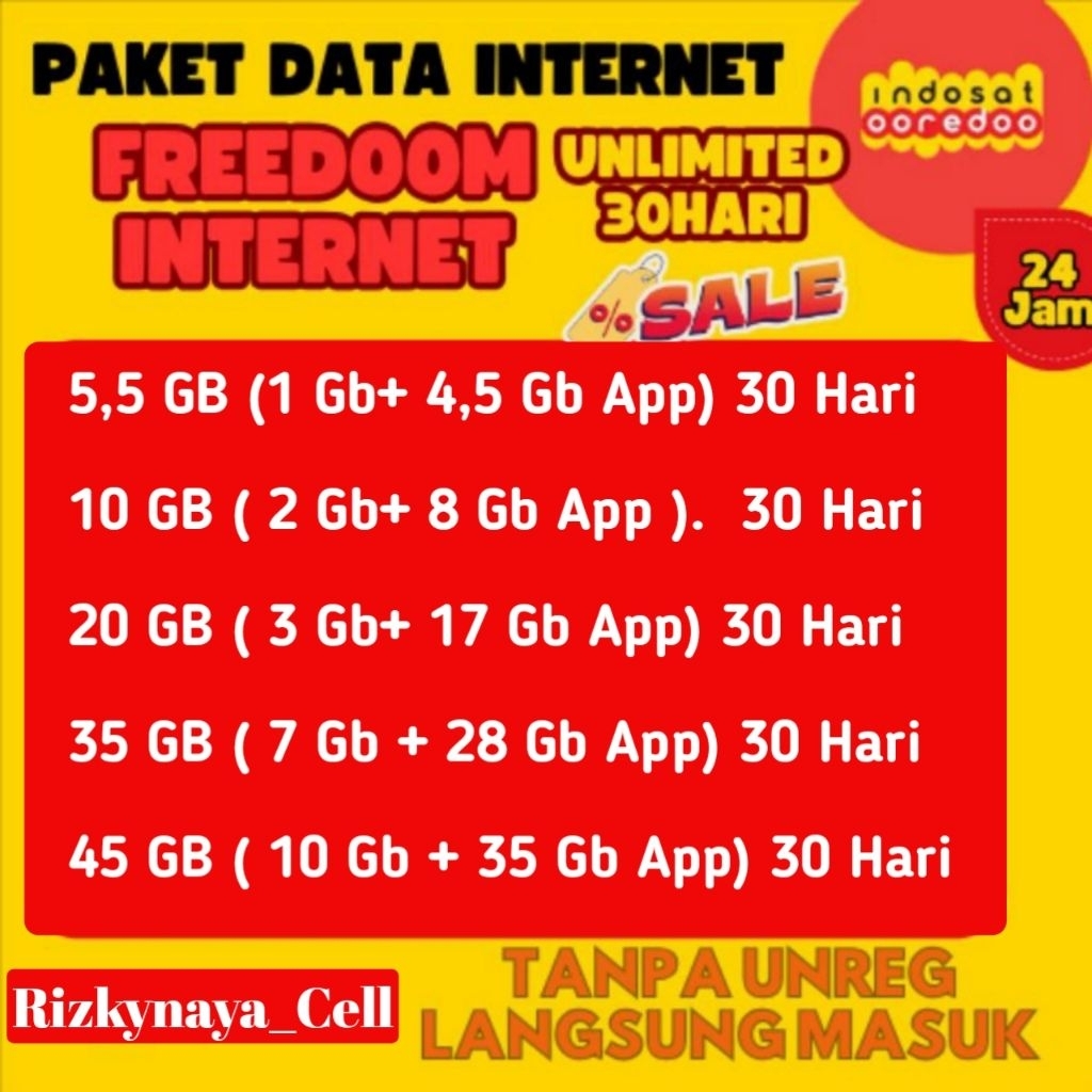 PAKET KUOTA INDOSAT FREEDOM UNLIMITED INTERNET 5,5GB 10GB 20GB 35GB 45GB 30 HARI FULL 24 JAM TERMURA