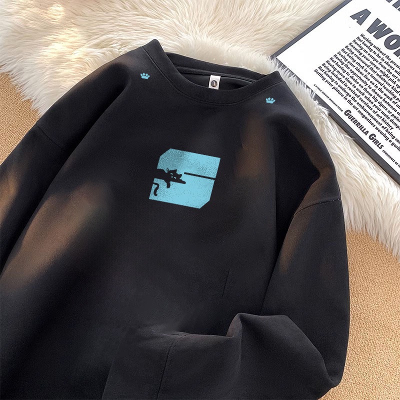 Excetra.id sweater cowok baju lengan panjang pria oversize sweater pria Kartun kucing hitam bergamba