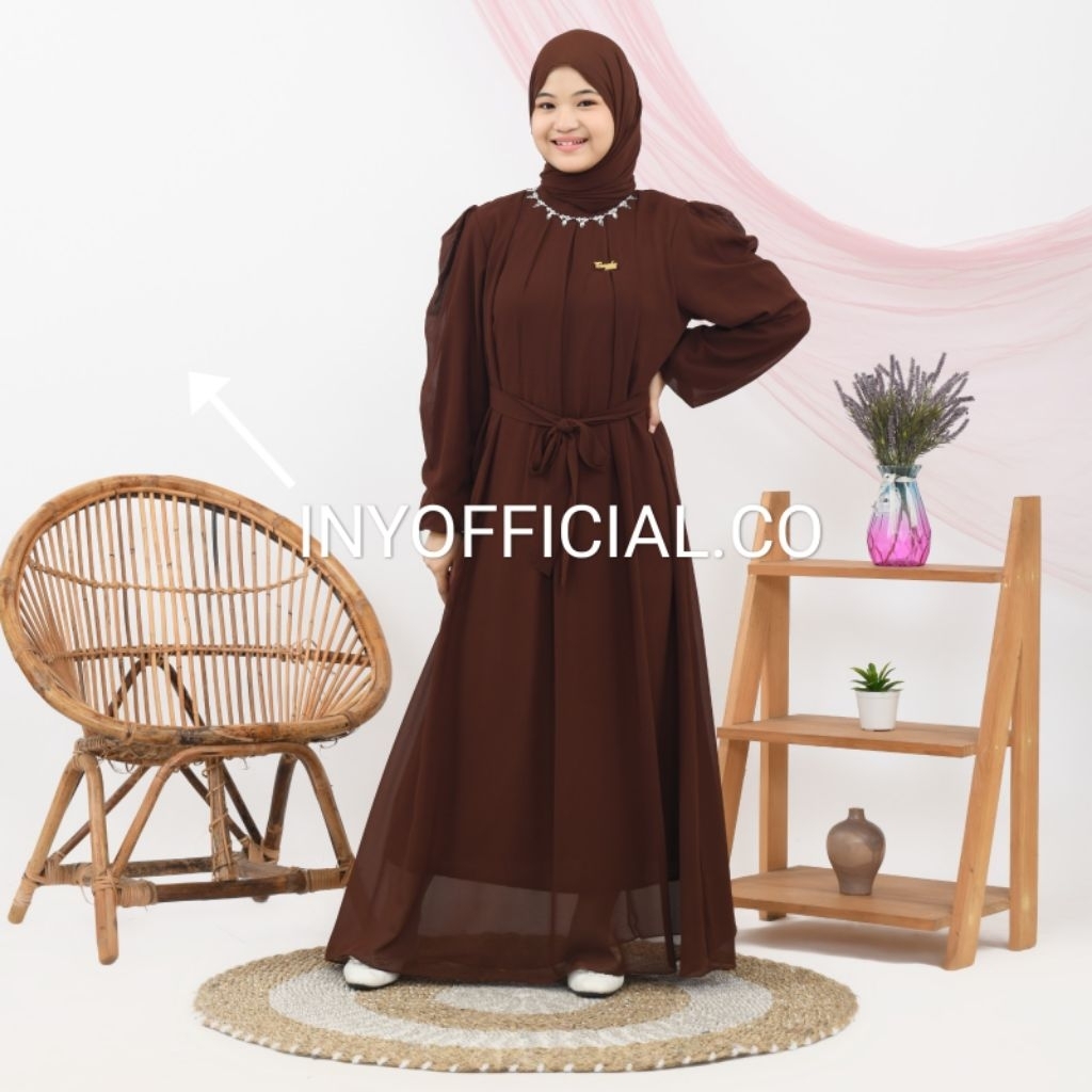 Gamis Inayah Couple Ibu Anak Perempuan Remaja Tanggung Ceruti Simple Elegant Warna Mahogani Emerald