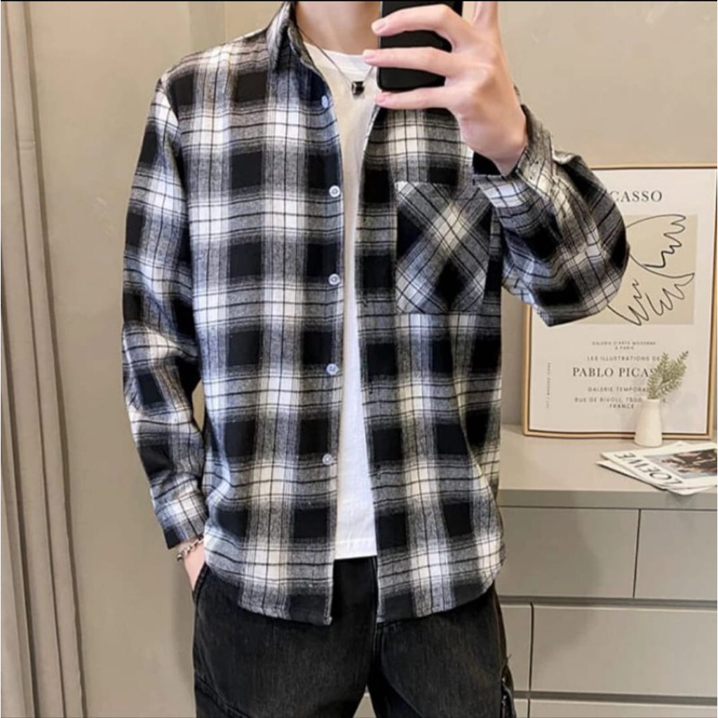 Kemeja Flanel motif VETERANO pria wanita Lengan Panjang