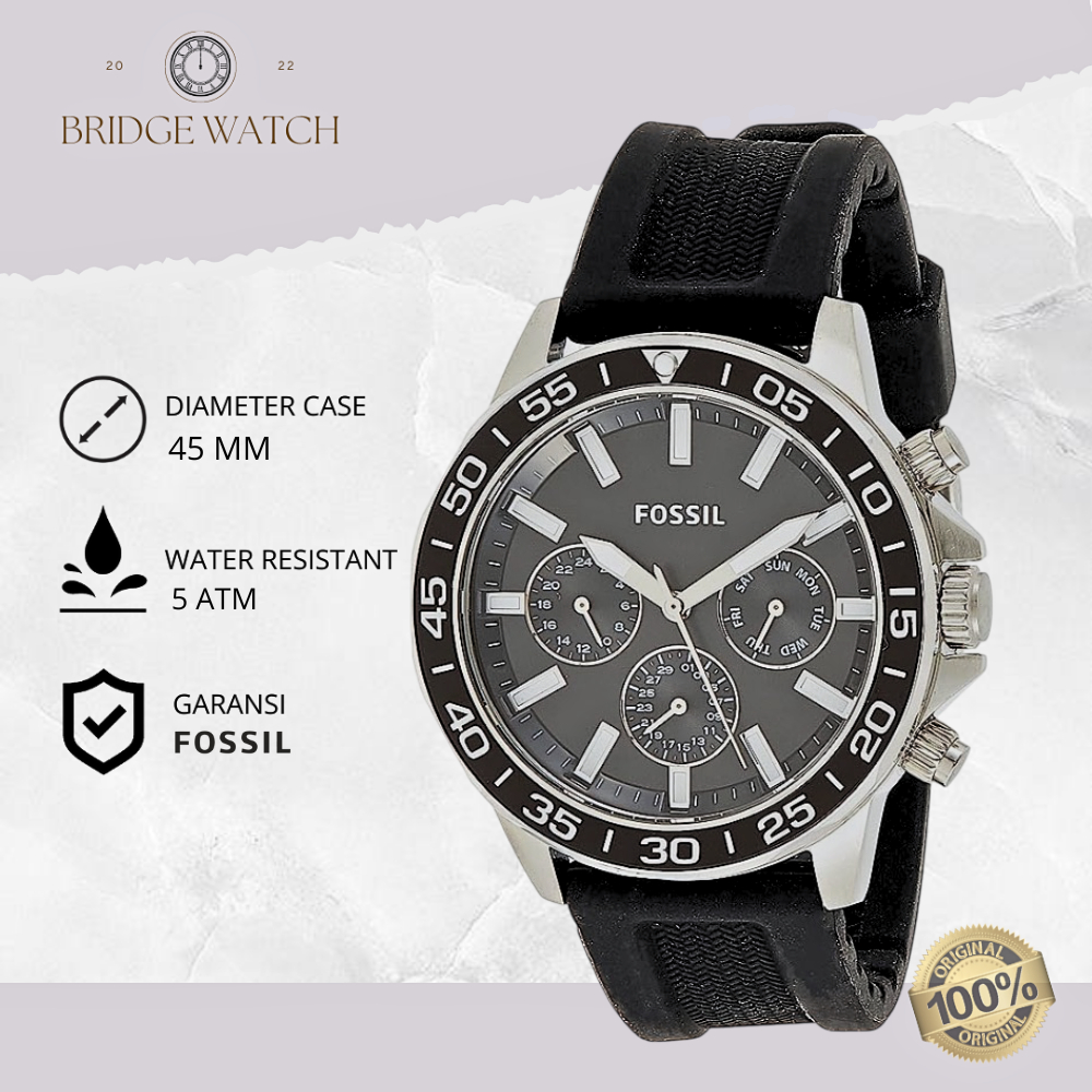 Jam Tangan Pria Fossil BQ2494 Bannon Black Rubber Strap Silicone Hitam Original Chronograph Sporty