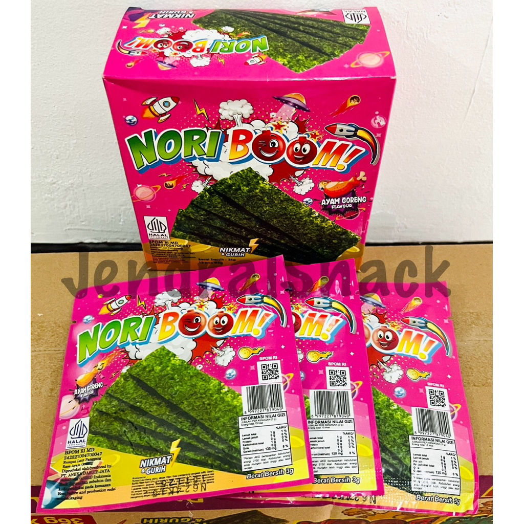 

NORIBOOM NEW PROMOTION - 1 BOX Nori Boom Rasa Original Keju Pedas BBQ Ayam Goreng 1 Pack Isi 12 pcs @3gr Jajanan Termurah