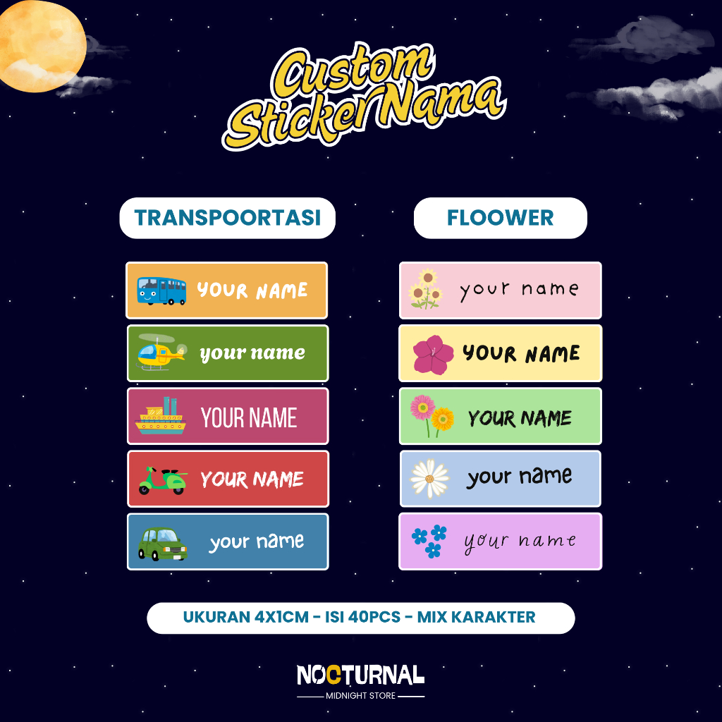 

(Isi 40 pcs) Stiker Label Nama Custom Lucu – Bisa Request Nama, Tema, dan Font Gemes Sesuai Selera