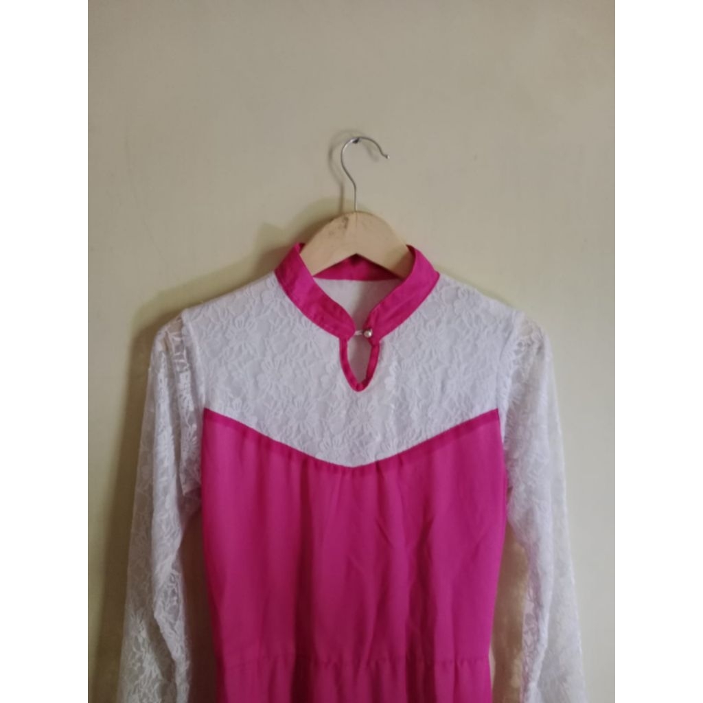 DRESS GAMIS LENGAN PANJANG PINK KOMBINASI PUTIH SIFON MIX BROKAT WANITA VINTAGE MODEL KOREA