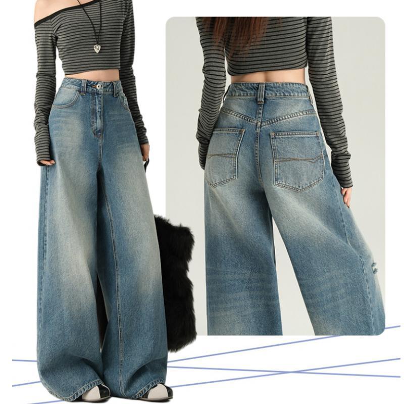 Celana Jeans Pinggang Tinggi Wanita Wanita Retro Jeans Lurus-Denim Bahan Premium Jeans Pinggang Supe