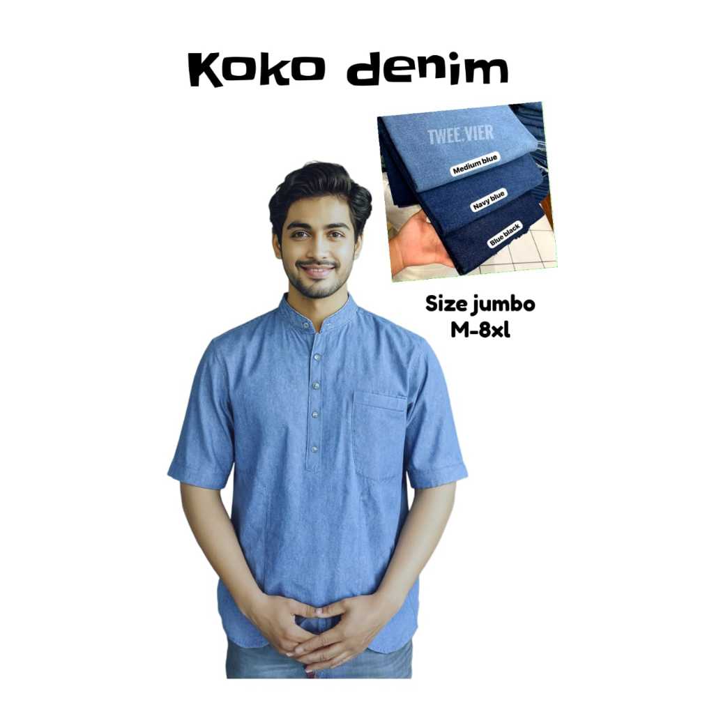 Koko Kurta Jeans Pria Lengan Pendek - Men's Denim Jeans Kurta