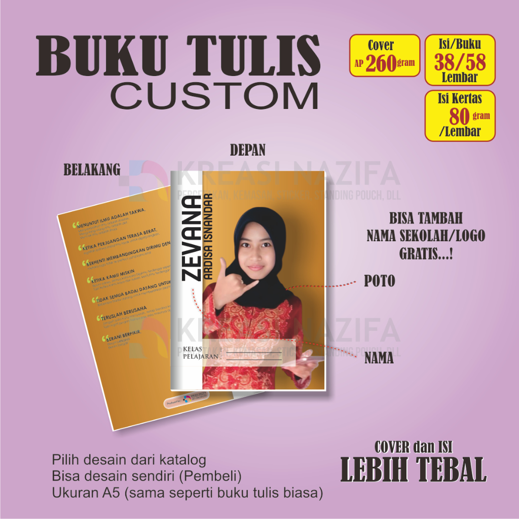 

BUKU TULIS CUSTOM MJ; 1 Pack (10 Buku); Pakai Nama, Kelas, Poto; 38/58 Lembar; AP 260; HVS 80 gram