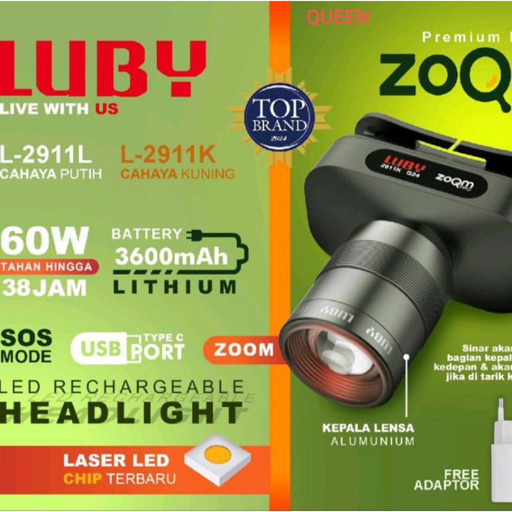LUBY LAMPU SENTER KEPELA ZOOM 60WATT L-2911L / L-2911K RECHARGEABLE CAHAYA PUTIH / CAHAYA KUNING HEA