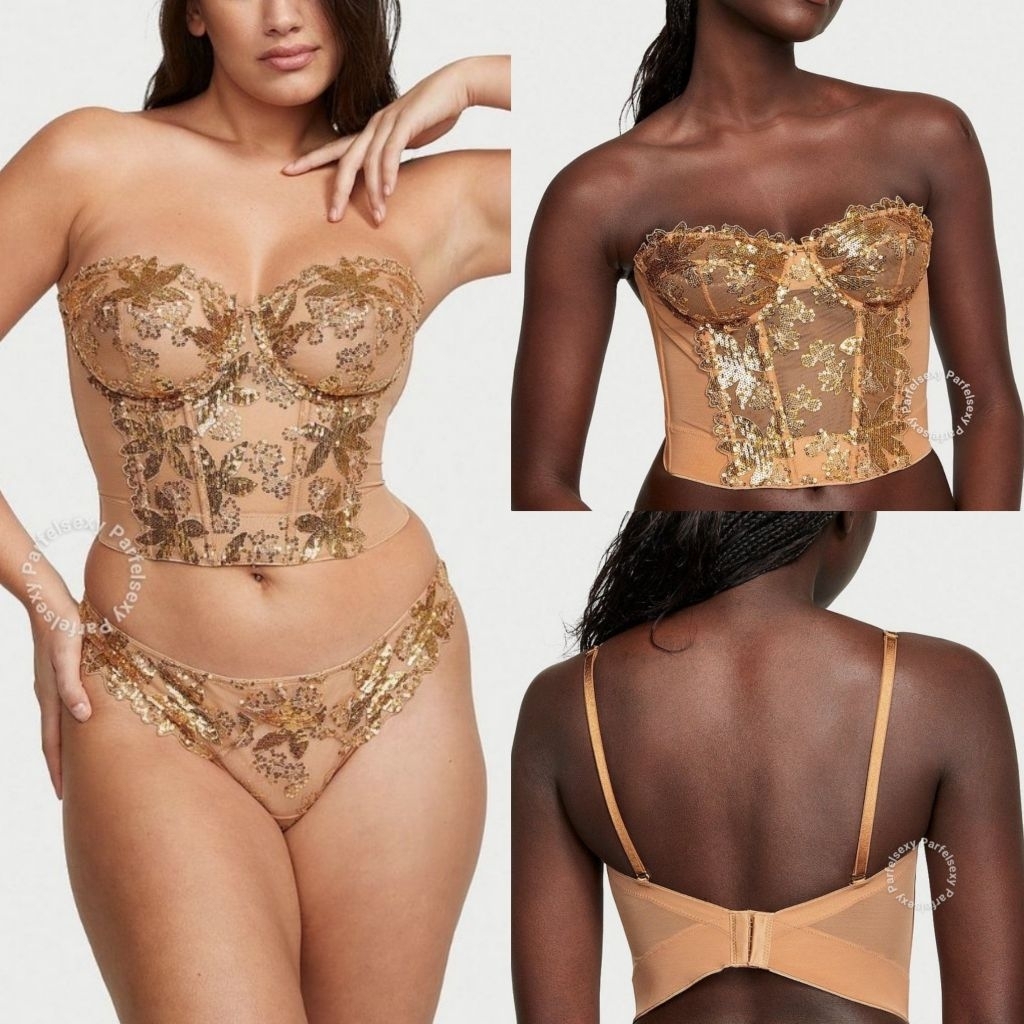 Victoria Secret Gold Sequined Ziggy Glam Floral Embroidered Corset Top 32B 32C 32D 32DD 34B 34C 34DD