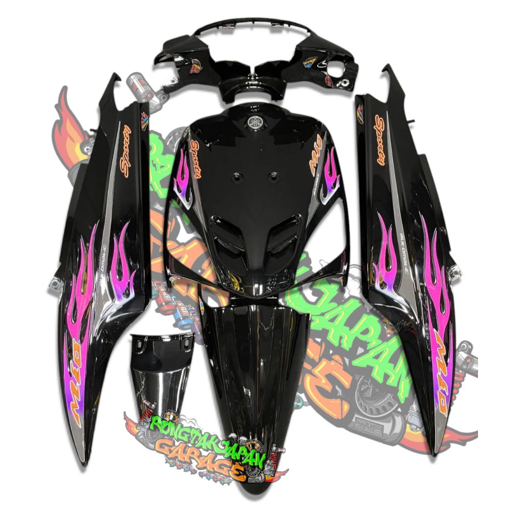 full set bodi halus mio mio sporty mio lama warna hitam set striping api custom pink transparan cove