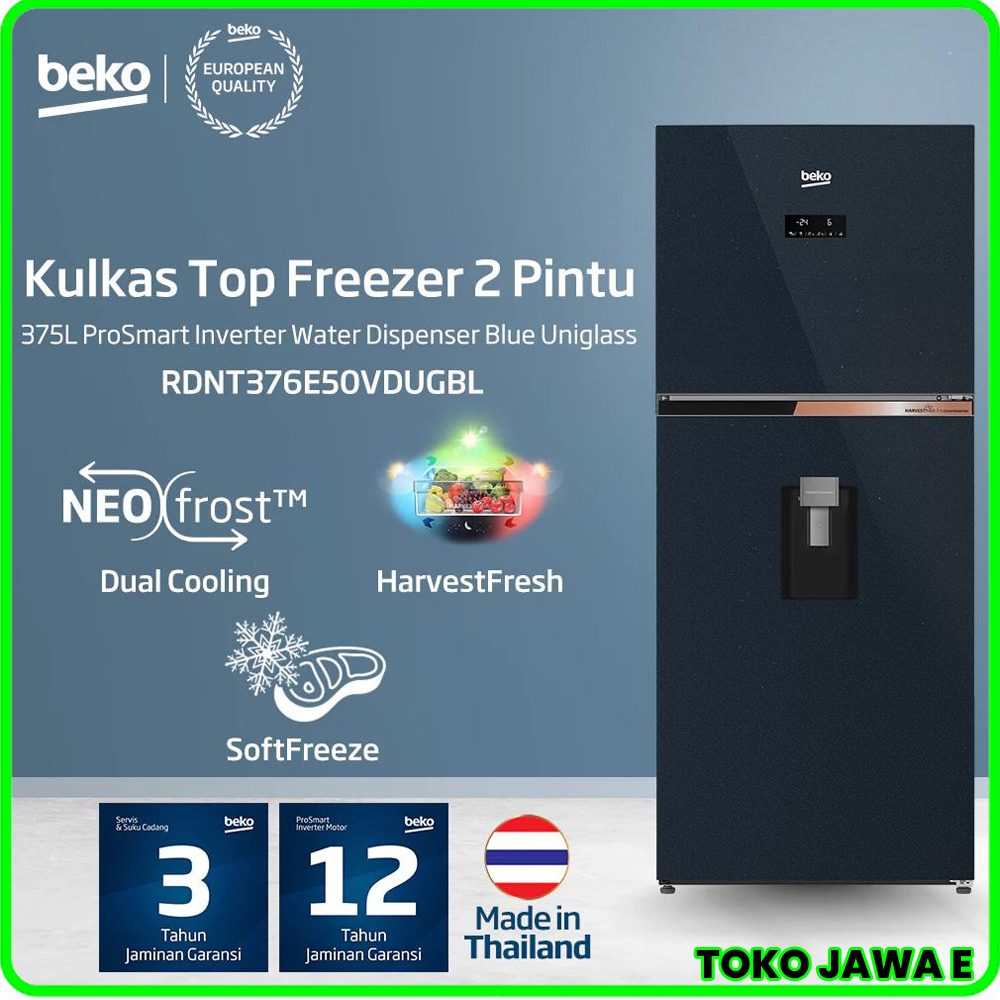 KULKAS 2 PINTU BEKO INVERTER RDNT376E50VDUGBL + DISPENSER Kapasitas 375 Liter - KUALITAS EROPA GARAN