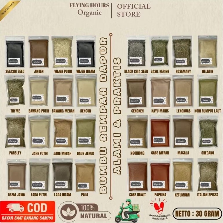 

30gr - Rempah Bubuk Murni [ Bumbu Dapur - all Varian ] Bumbu Masak Organic Kemasan Ziplock food-Grade / 100% Alami Praktis & Halal