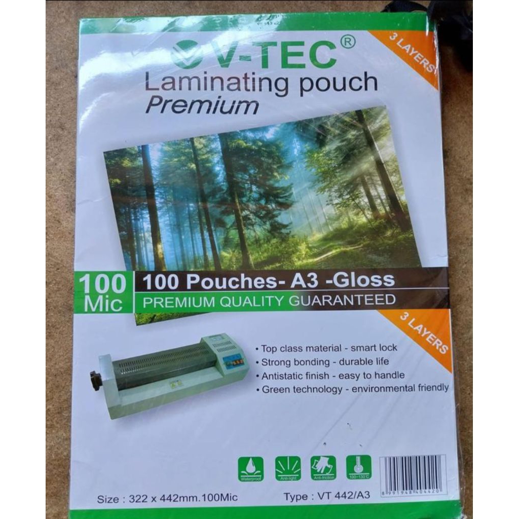 

plastik laminating A3 V-TEC glossy 100 micron pak 100lembar