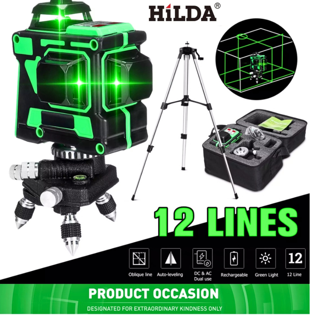 ORI Hilda Laser Level tukang bangunan 3d 12 line keramik + tripod plafon Self Leveling 3D-12