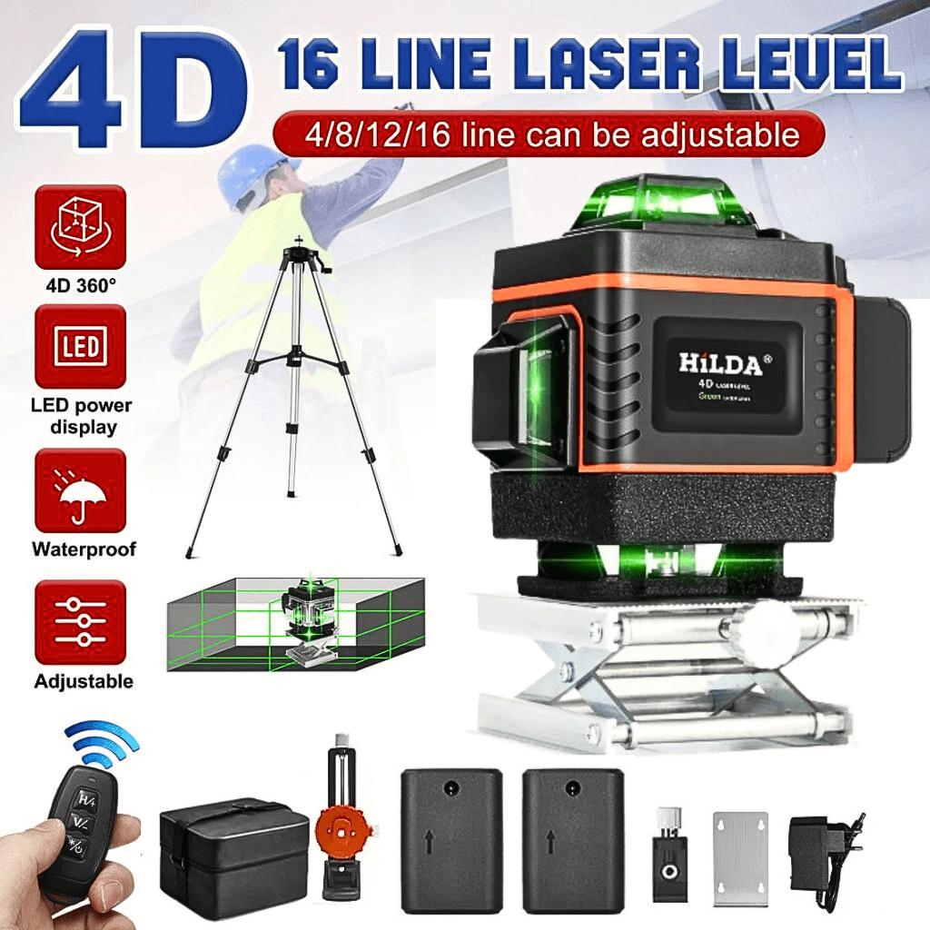 Lesar Level 4D 16 Line Self Leveling Laser Warna Hijau dengan Tripod & Batrei 2 PCS Laser Pengukur
