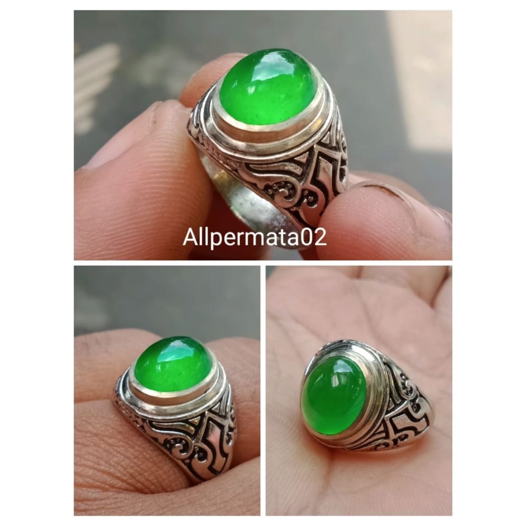 Cincin Permata Giok Birma(Greenjade) Natural tipe-C super Giwang top real Quality