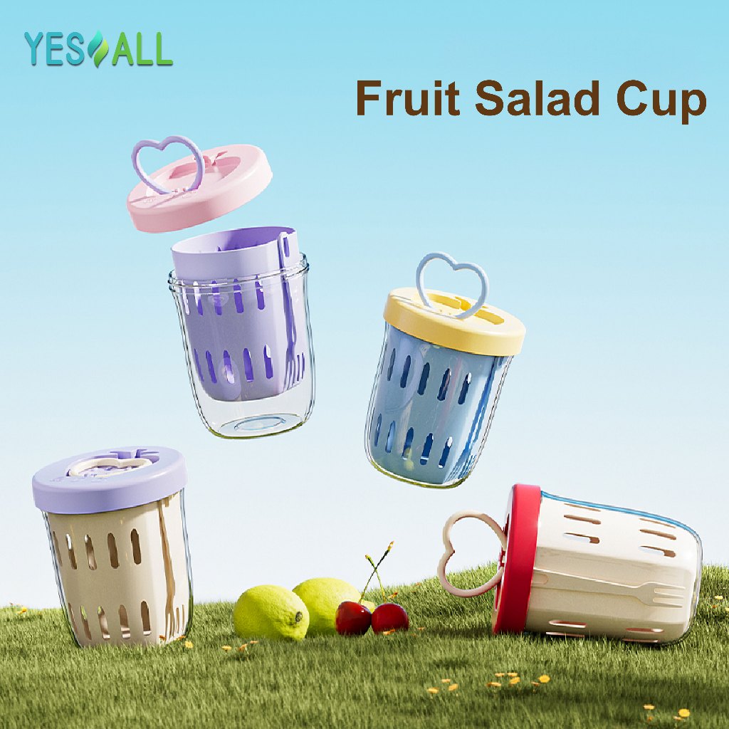 YESALL Gelas Salad Buah Dua Lapis dengan Saringan - Anti Bocor / Bahan PP + PET / Bonus Garpu / Untu
